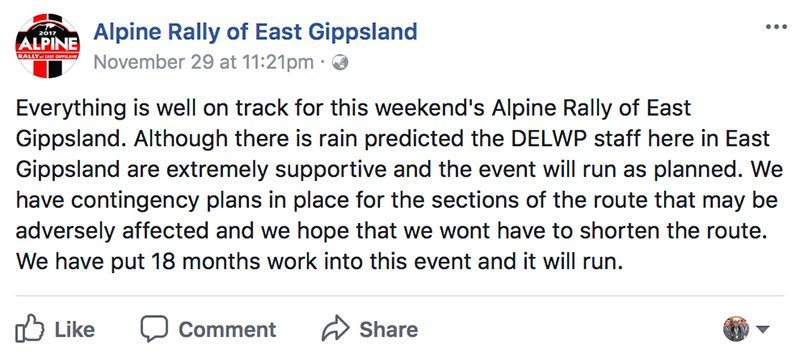 Alpine Rally Facebook page message