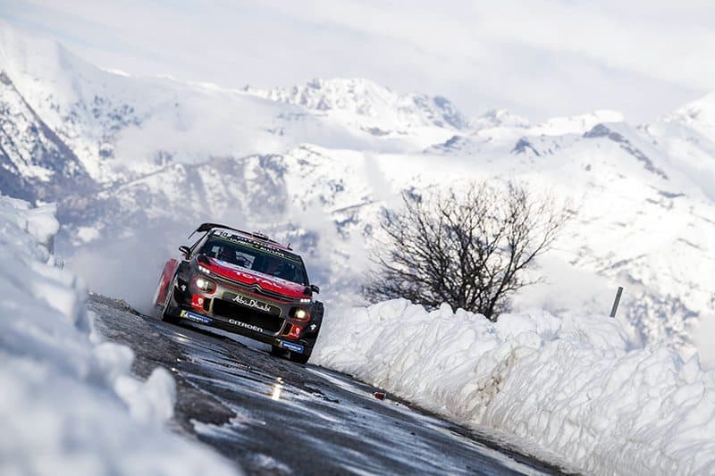 Kris Meeke battles changeable conditions in his Citroen C3 WRC.