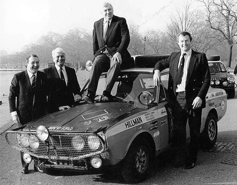 Cowan (on roof) is reunited with (L-R) Paddy Hopkirk, Roger Clark and Eric Poole before the 1993 London to Sydney Marathon rerun.