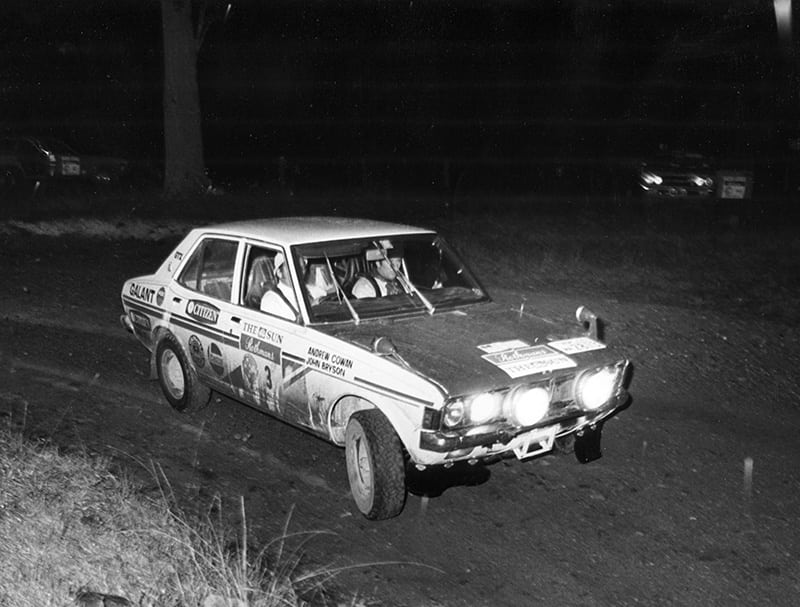 Andrew Cowan and John Bryson won the 1972 Southern Cross Rally in a Mitsubishi Galant.